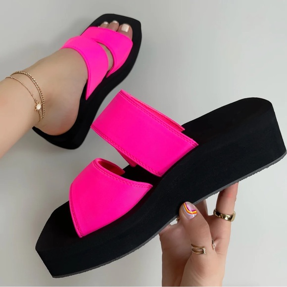 Hot Pink Dual Strap Platform Slip On Sandal - Picture 2 of 8